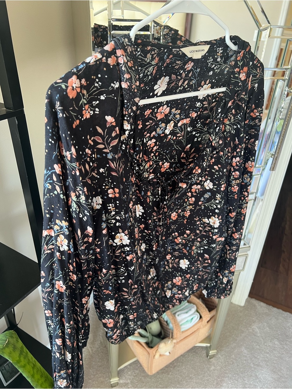 Lucky Brand Black Floral Tie-Neck Top